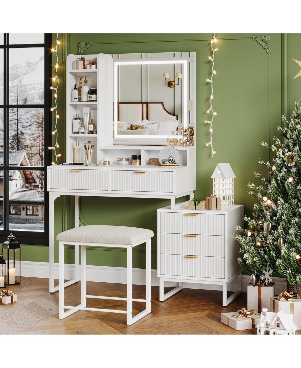 gaomon Vanity Makeup Desk with Led Mirror, 3 Light Modes, 5 Drawers and Removable Cabinet, Modern Dressing Table Set