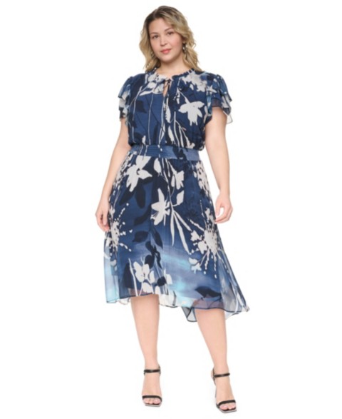 Женские DKNY Plus Size Tie Neck Flutter-Sleeve Dress