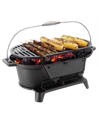 Oval Cast Iron Portable Hibachi Grill for Outdoor Use and Camping in Black