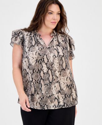 Plus Size Printed Split-Neck Flutter-Sleeve Blouse