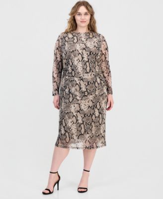 Plus Size Snake-Print Mesh Midi Dress