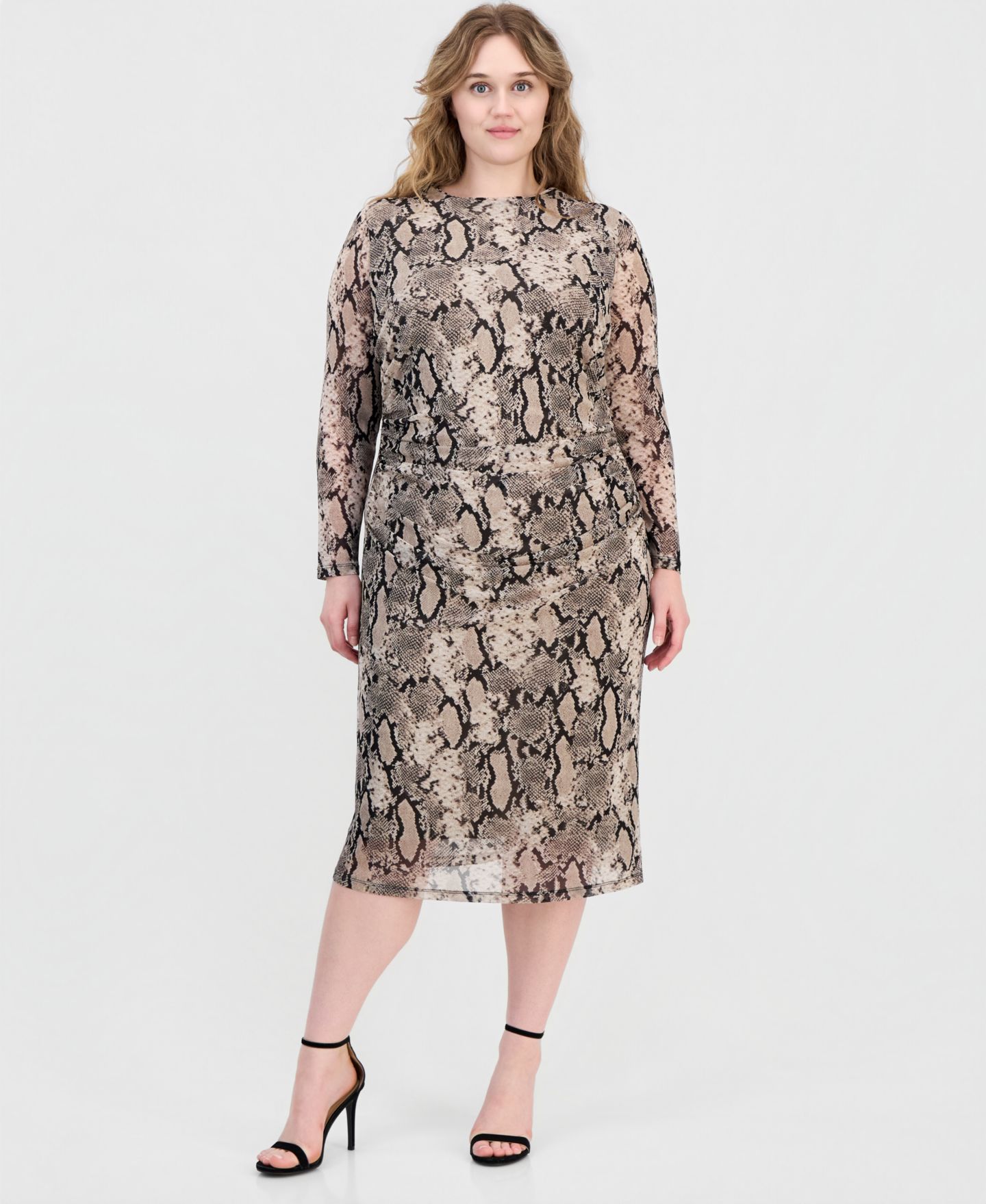 Женское платье Anne Klein Snake-Print Shirred-Waist Long-Sleeve Midi, цвет: Натуральный глиняный разноцветный — фото 2