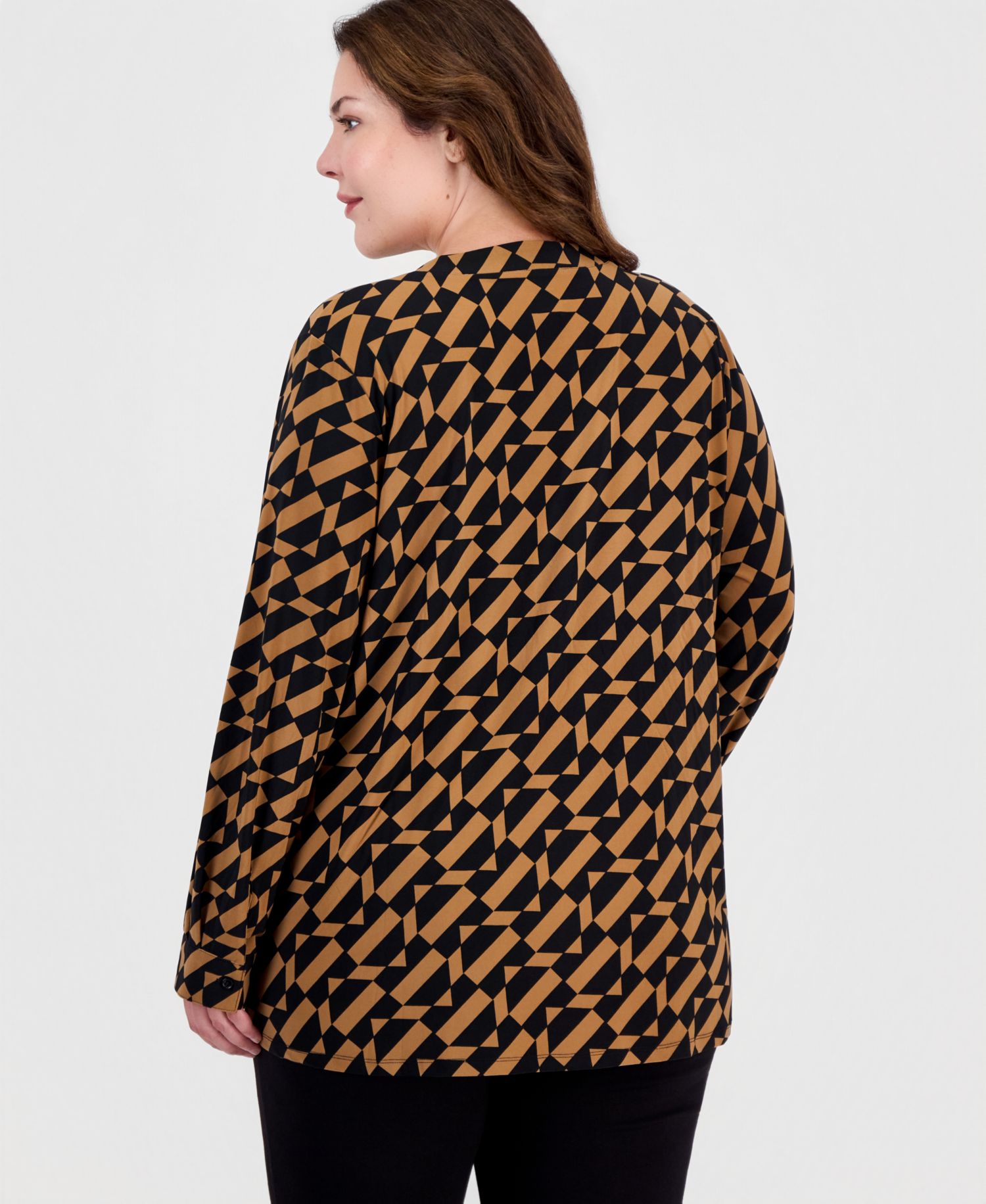 Plus Size Long-Sleeve V-Neck Geometric Blouse