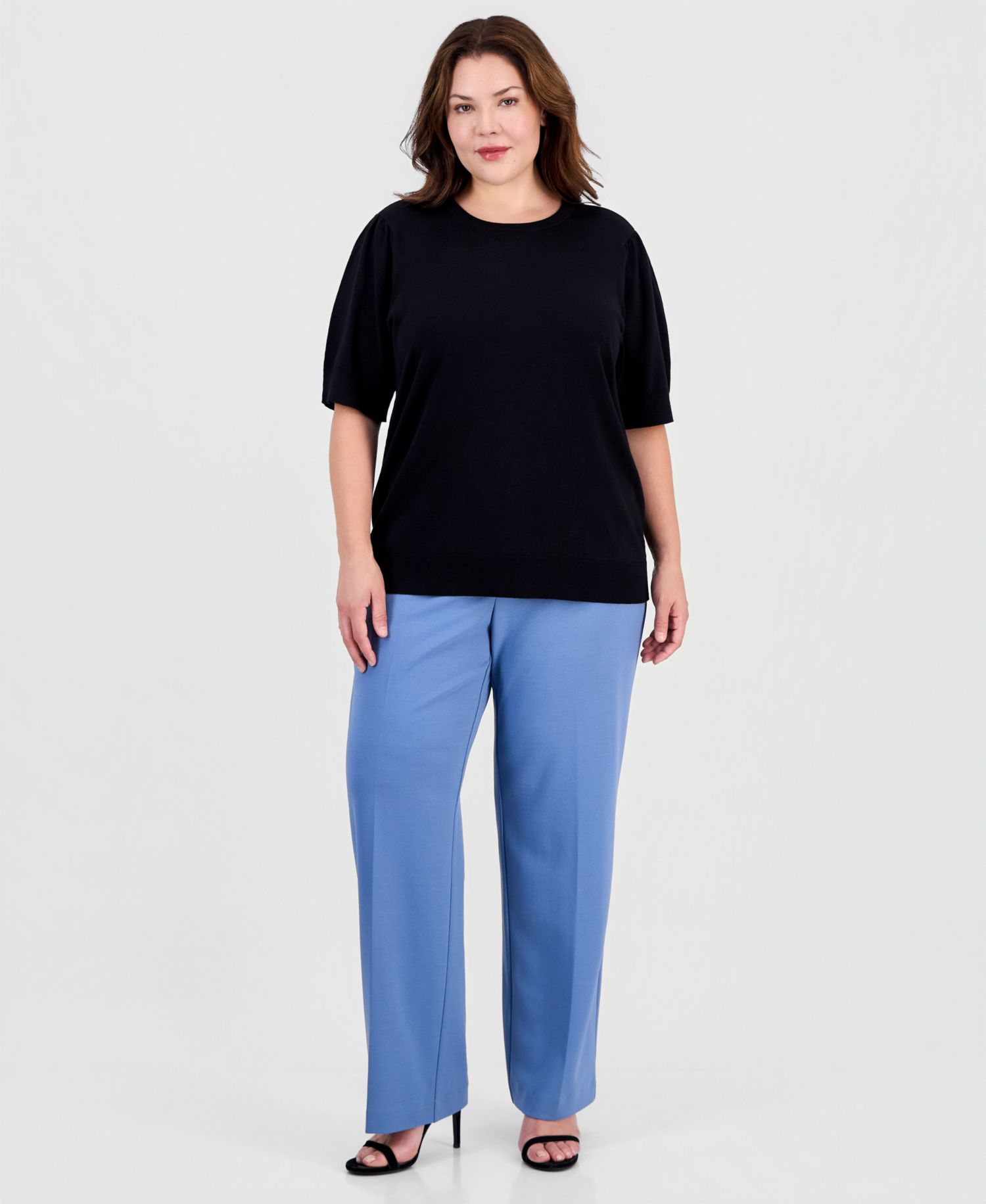 Plus Size Short Puff Sleeve Crewneck Sweater