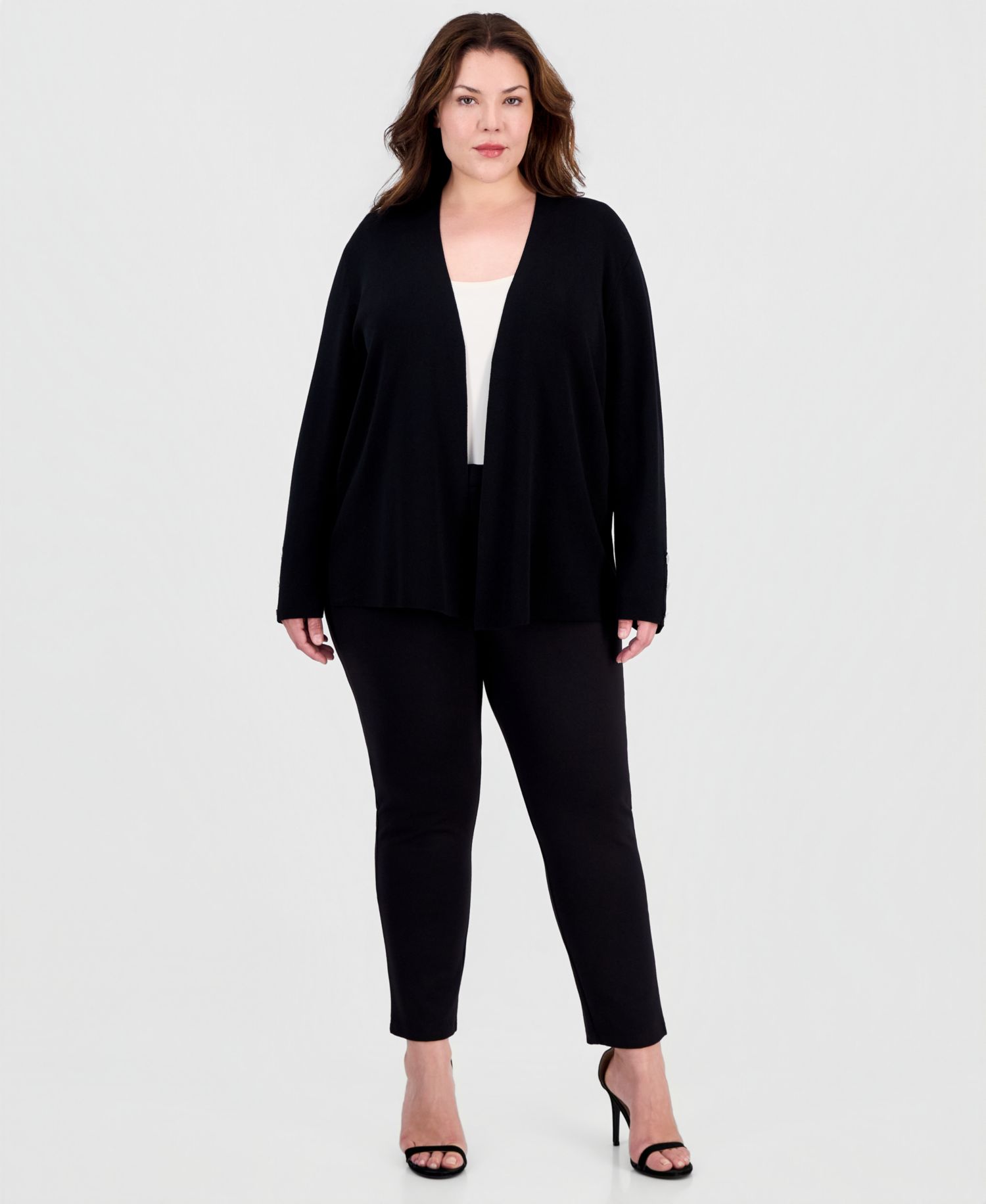Plus Size Collarless Open-Front Long-Sleeve Cardigan