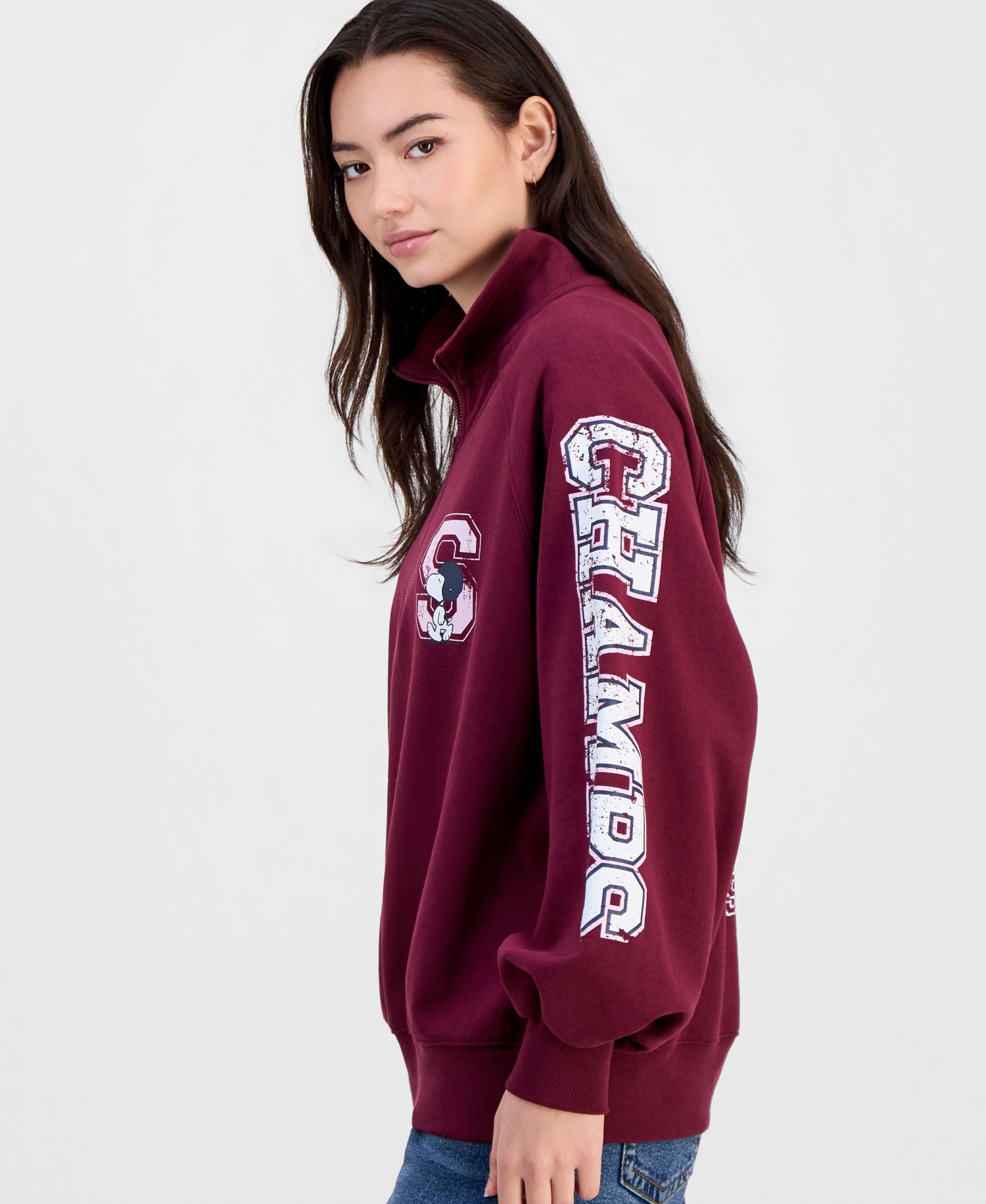 Juniors' Snoopy Quarter-Zip Fleece Sweatshirt