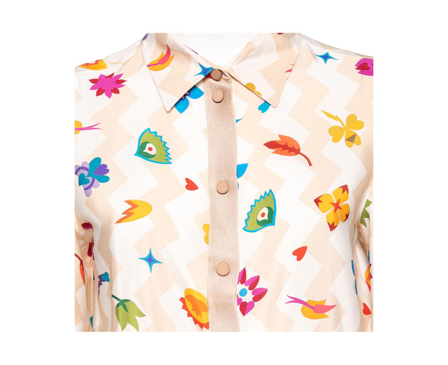 Women's Printed Crepe and Knit Trim Detailed Button Front Shirt