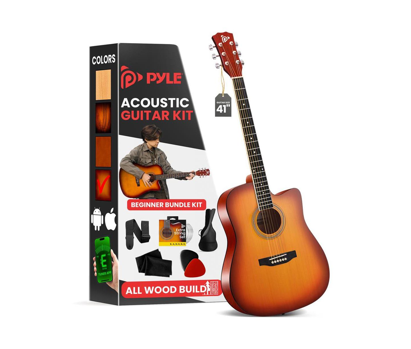 Детские игрушки Pyle 41 inch Full-Size Acoustic Guitar Kit, Cutaway Body with Digital Tuner and Accessory Kit, цвет: Коричневый — фото 1