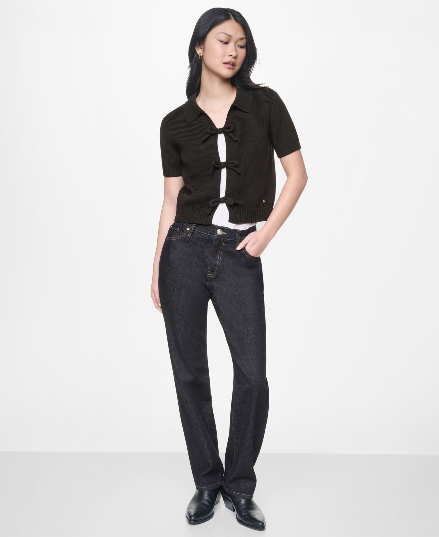 Women's Short-Sleeve Polo Collar Tie-Front Sweater
