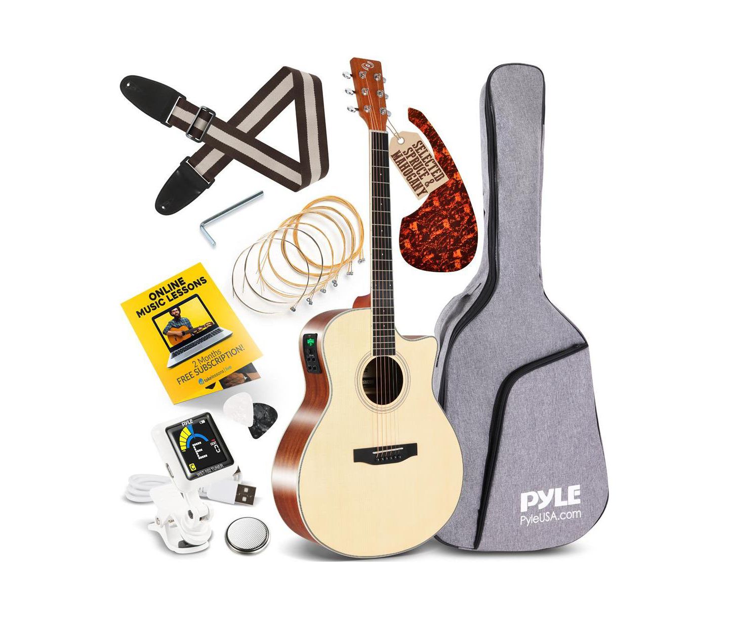 Детские игрушки Pyle 6-String Electric Acoustic Guitar - Guitar with Digital Tuner & Accessory Kit, цвет: Коричневый — фото 1