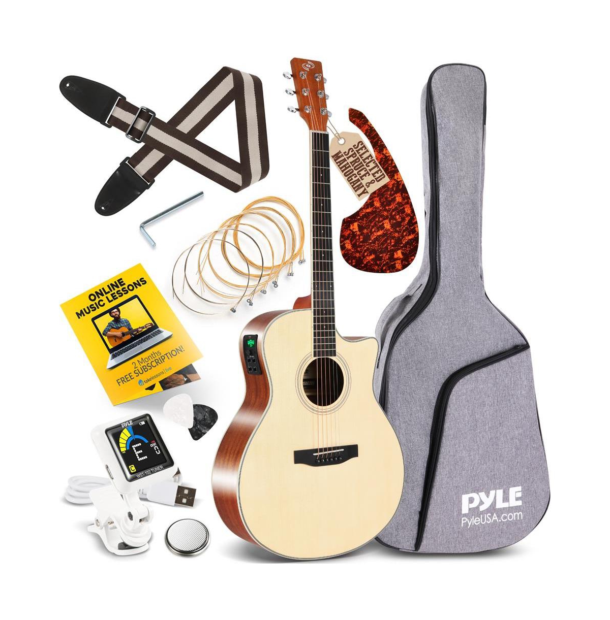 Pyle 6String Electric Acoustic Guitar  Guitar with Digital Tuner  Accessory Kit  Brown
