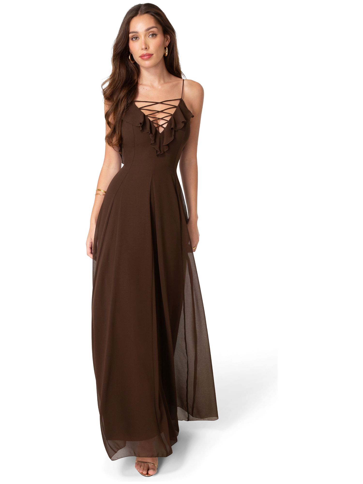 Women's Lace Up Ruffle Chiffon Maxi Dress