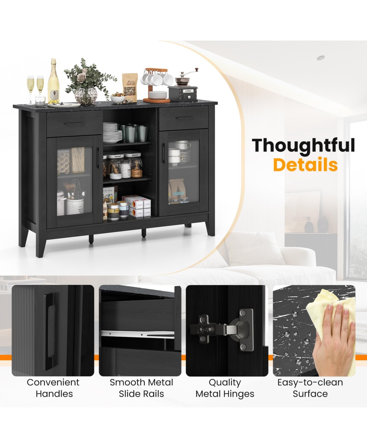 Gouun Sideboard Buffet Cabinet with 2 Drawers and 4 Adjustable Shelves, 52 x 15.5 x 35.5