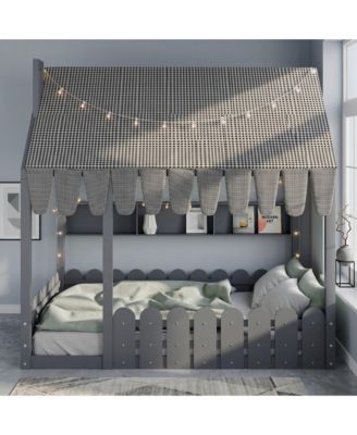 Montessori House Bed for Kids, Floor Bed with Fence Railings, Slats not included