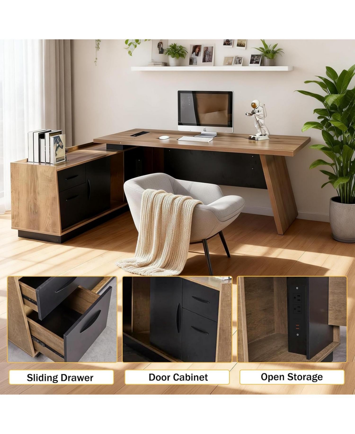 Logicfox Modern Executive Desk with Drawers and Printer Shelf Configurable Length 70.8" or 78.7