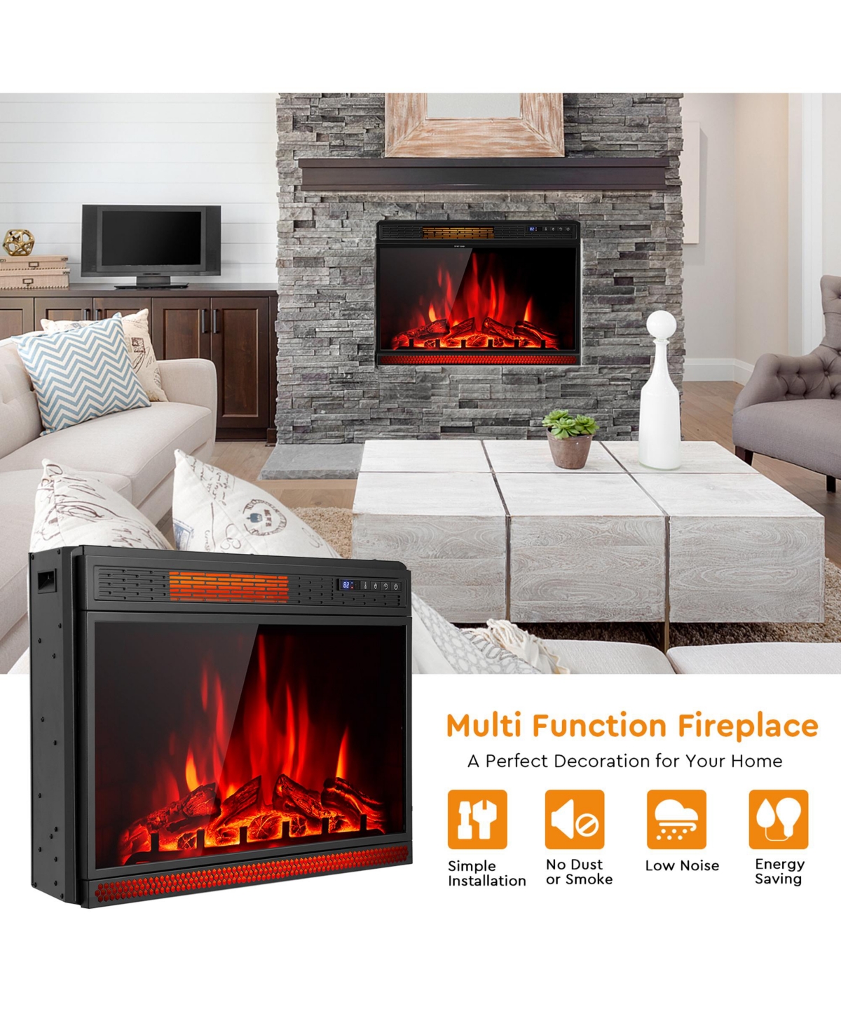Gymax 28'' Electric Fireplace Recessed 900/1350W Fireplace Heater with Remote Control