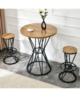 Bar Table and Chair Set for 2 - 31.5" Wood Grain MDF Tabletop with Black Metal Frame, Industrial Style Bar Counter Combination