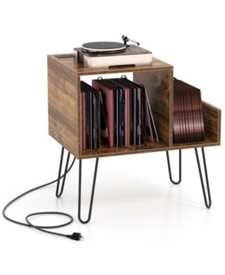 Mid-century Record Player Stand with Power Outlet and Vinyl Divider