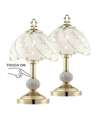 Traditional Accent Table Lamp 15" High Set of 2 Polished Brass Etched Glass Shade Touch On Off Bedroom House Bedside