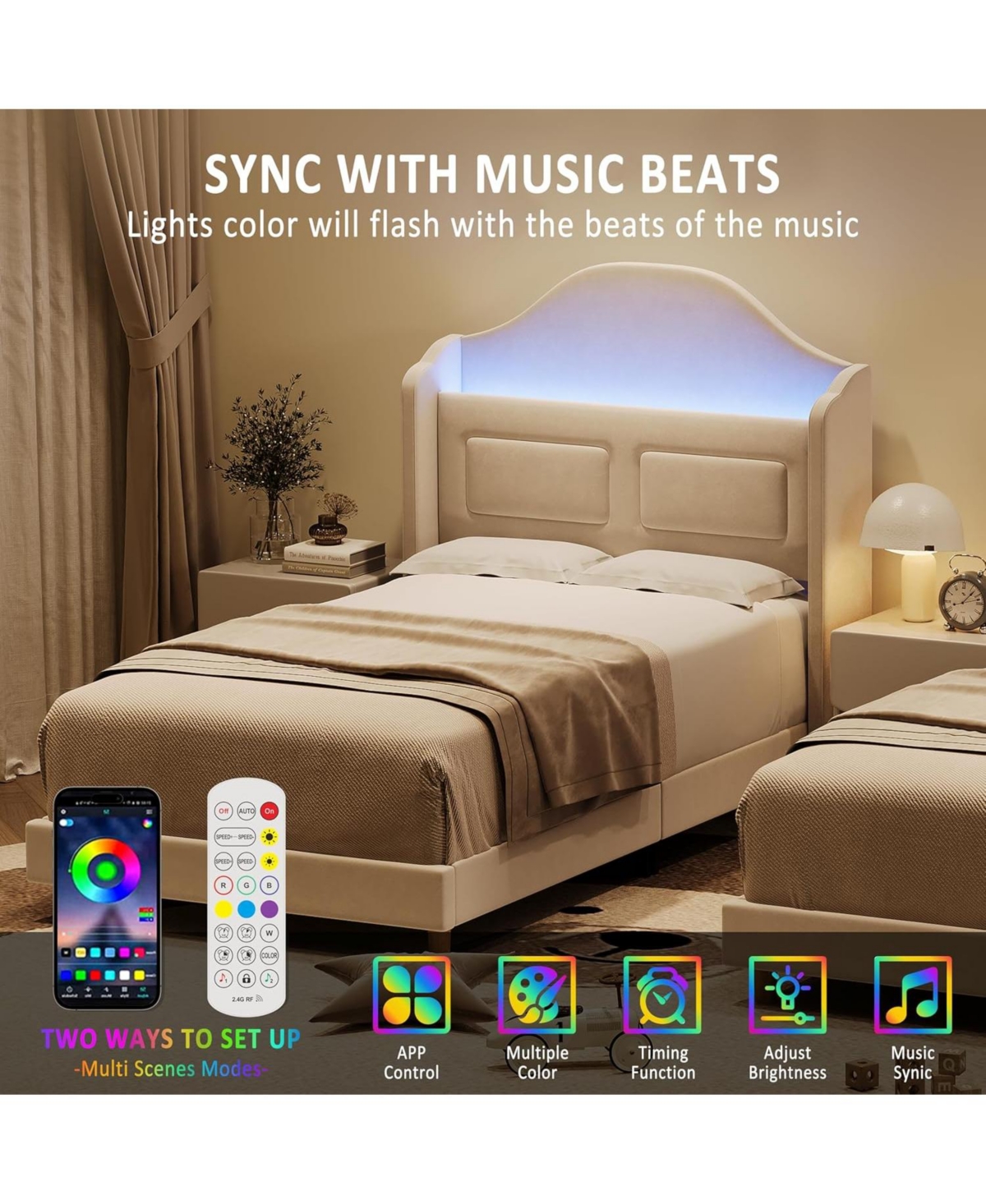 gaomon Velvet Platform Bed with Wingback And Led