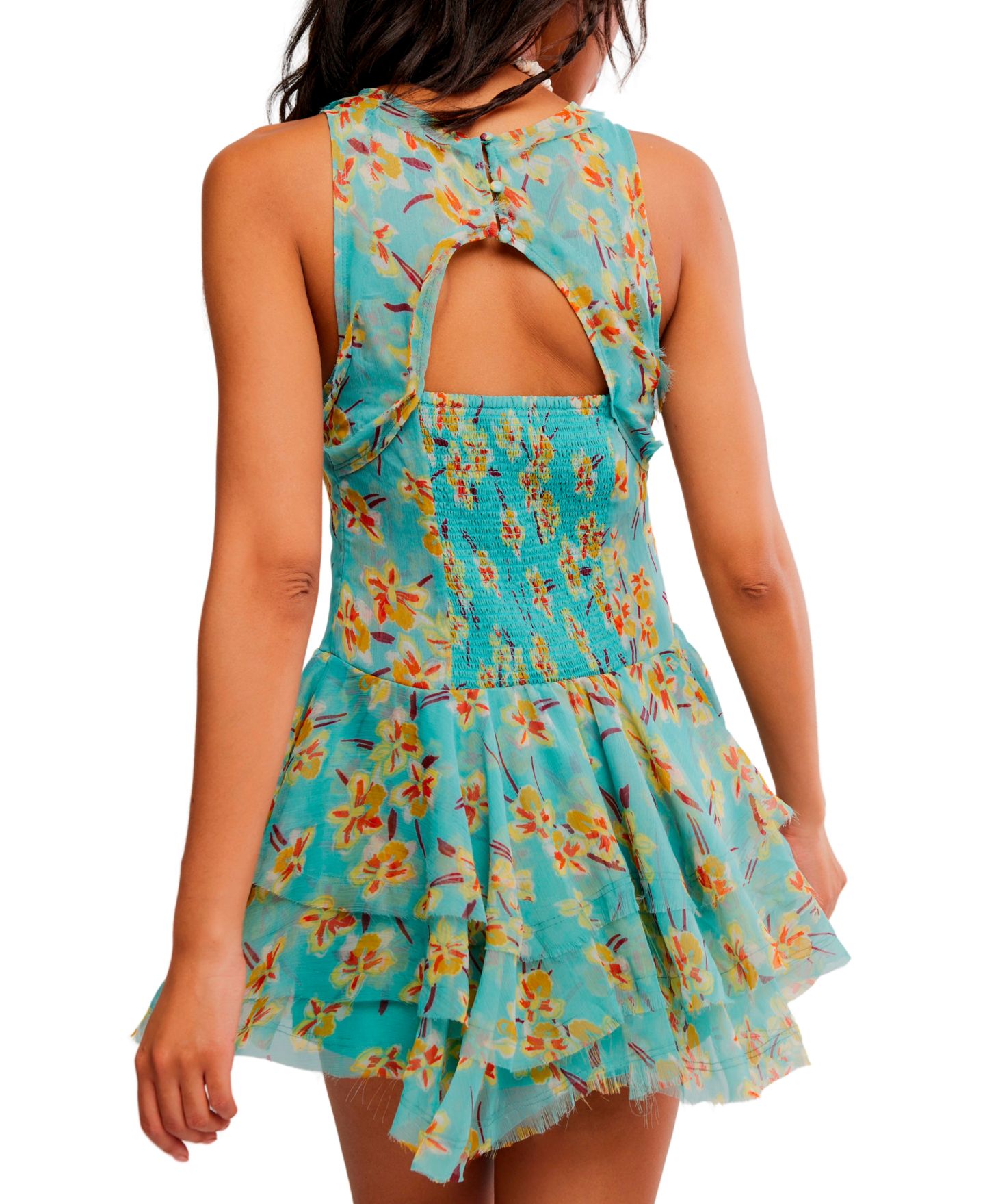 Женское платье Free People Raven Printed Ruffle Mini, цвет: Аквамариновый комбинированный — фото 5