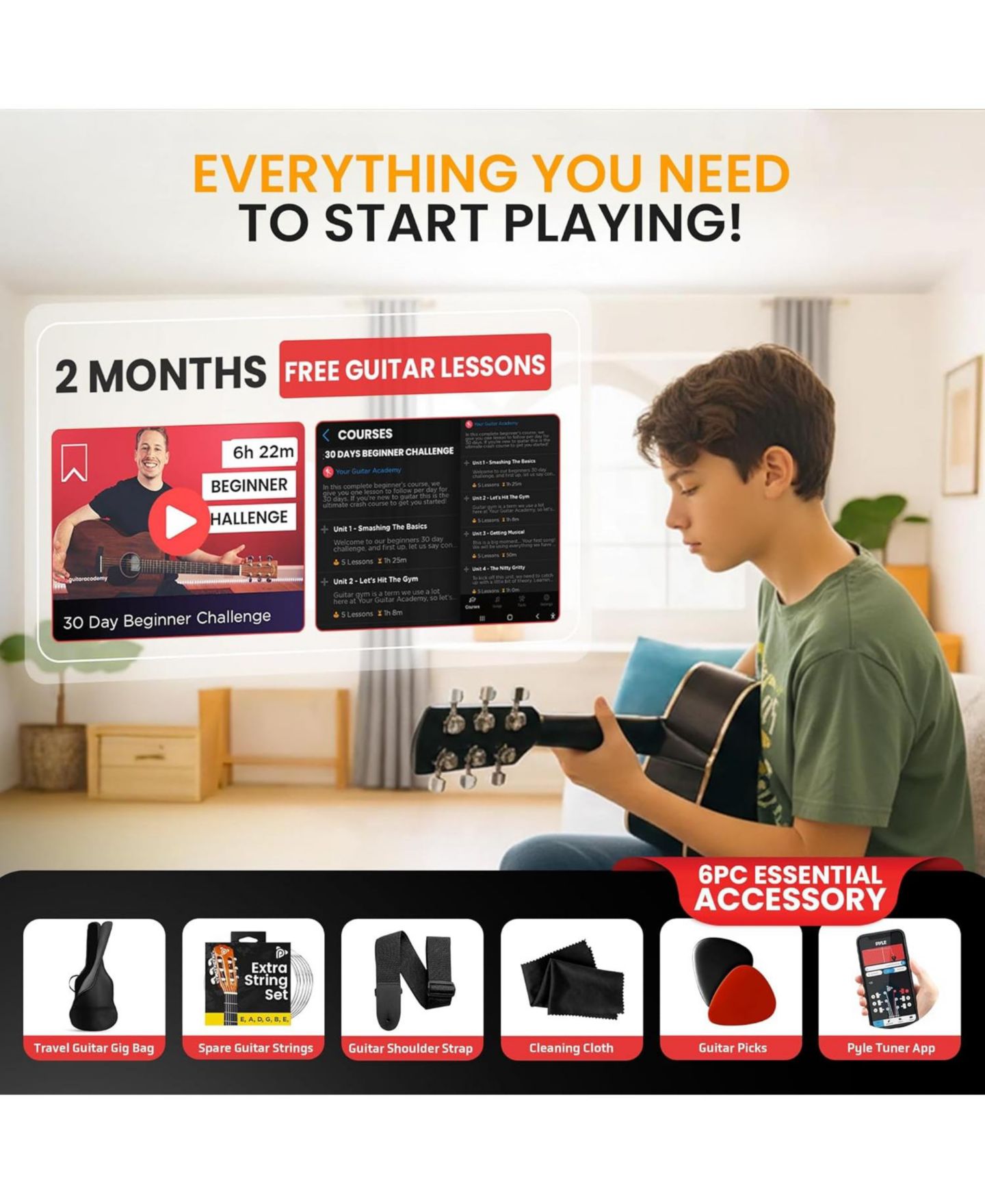 Детские игрушки Pyle 1/4 Size Beginner Acoustic Guitar Kit, Ages 4+, цвет: Коричневый — фото 2