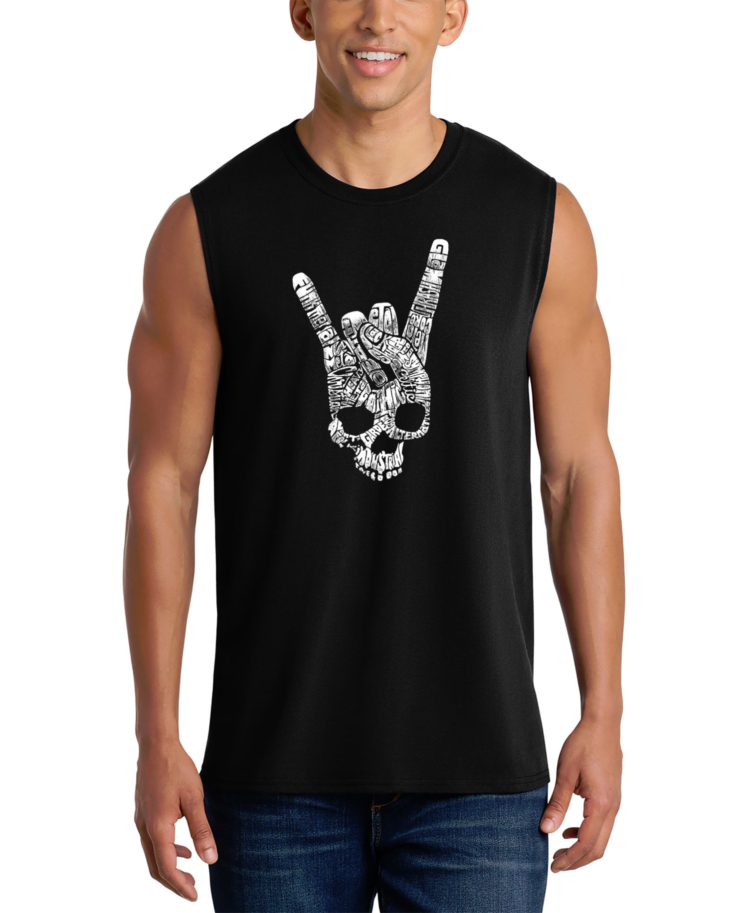 Men's Skull Rock Hand Horns Word Art Graphic Tank Top