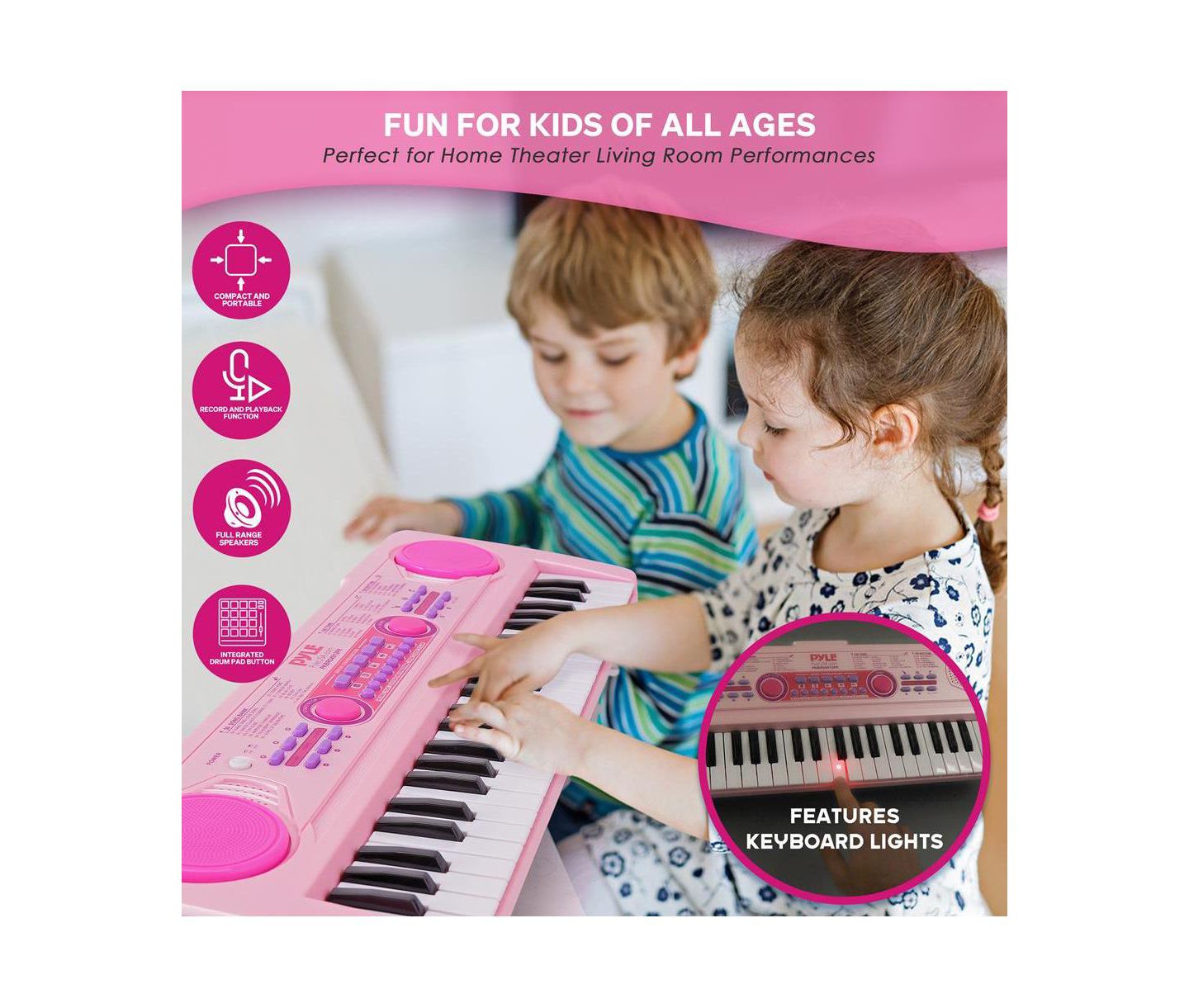 Детские игрушки Pyle Portable Kids Piano Keyboard and Mic Kit, цвет: Розовый — фото 3