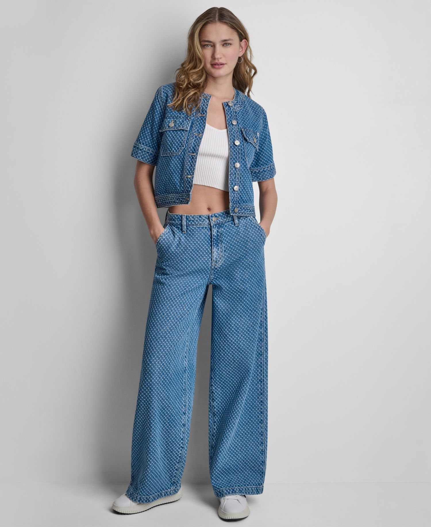 Women's Cropped Patch Pocket Short-Sleeve Boucle Denim Shirt Jacket
