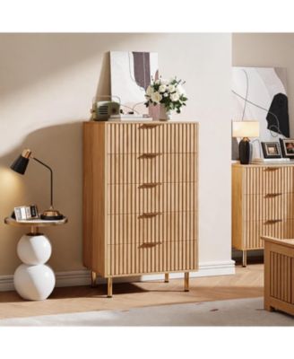 Modern Fluted 5 Drawer Dresser - 48" Tall Wooden Chest with Deep Storage, Wide Top, Organizer for Bedroom, Living Room, Hallway, Kids Room