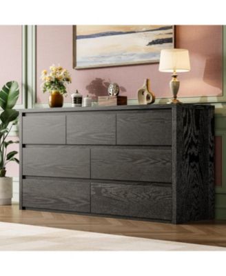 Modern 7 Drawer Dresser for Bedroom - Wide Wooden Chest, Large Storage Organizer for Living Room, Hallway, Handle-Free Design, Anti-Tip Safety