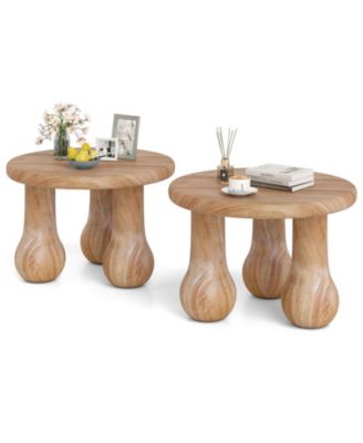 2PCS 24'' Small Solid Mahogany Wood Coffee Table w/Thickened Top Column Legs