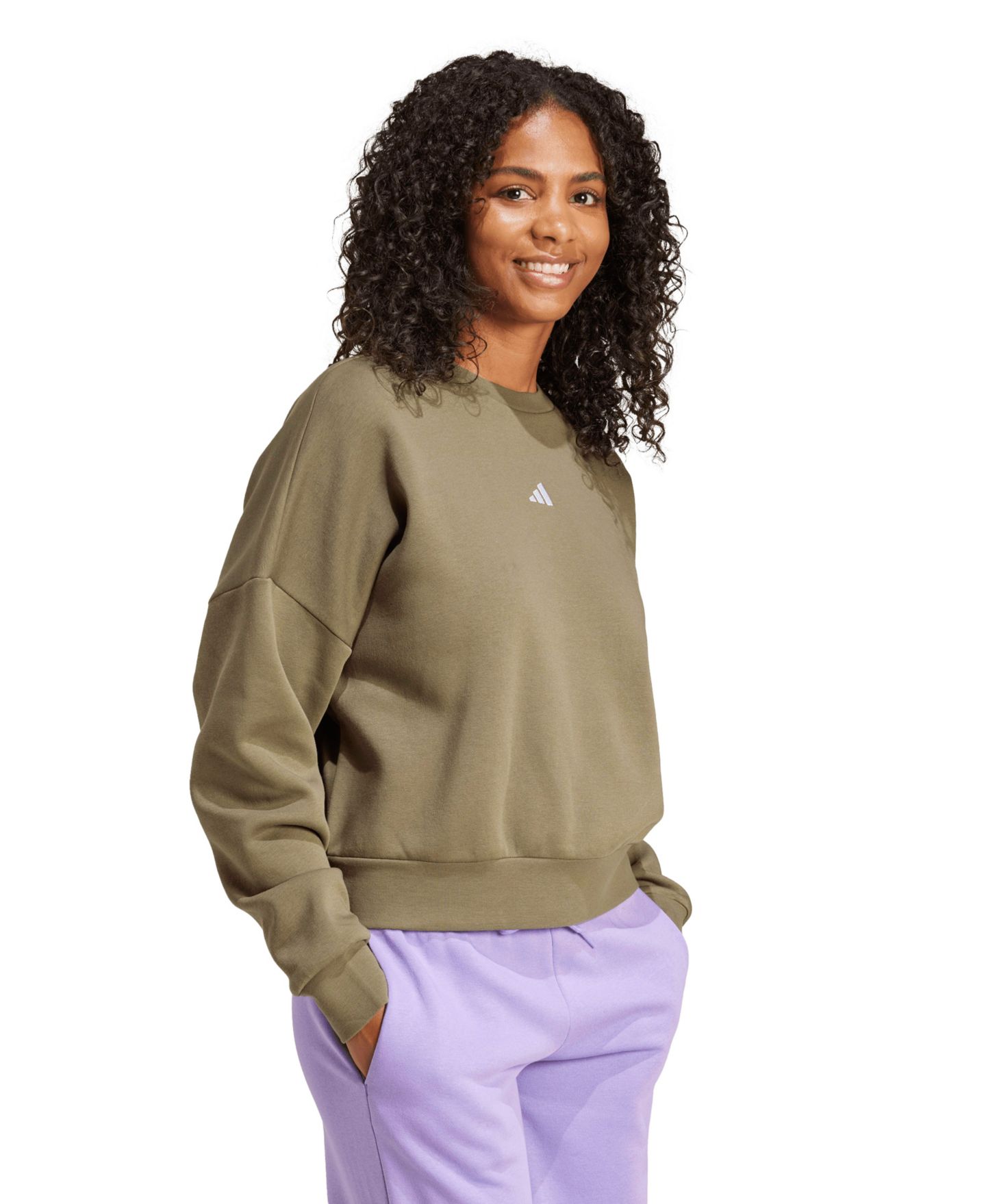 Женские толстовки adidas Crewneck, цвет: Оливковый / Белый — фото 2