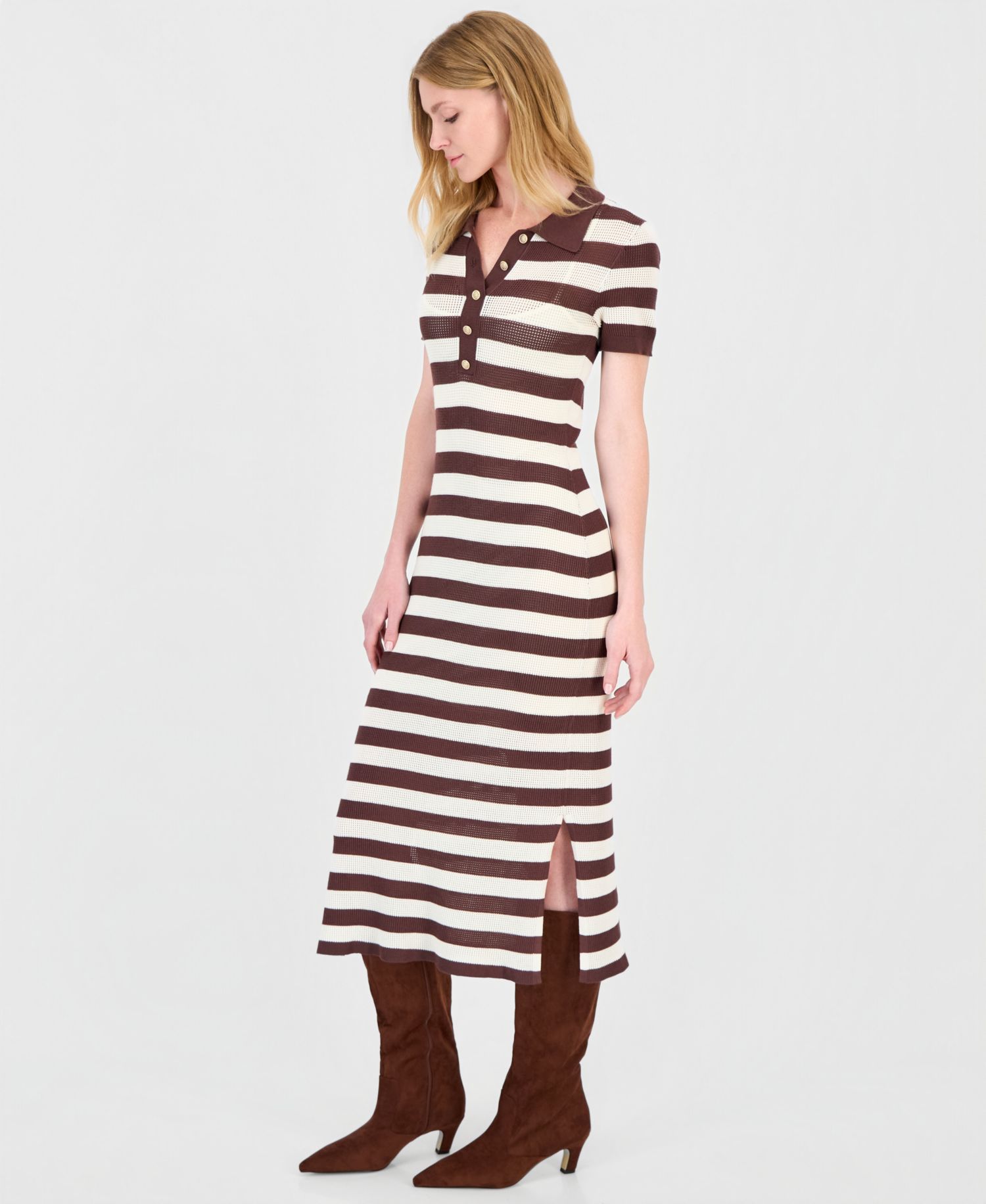Women's Striped Short-Sleeve Polo Midi Dress