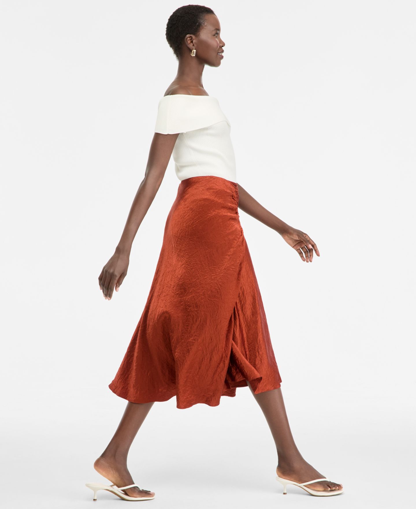 Женская юбка I.N.C. International Concepts Satin Ruched Midi, цвет: Медный ржавый — фото 4