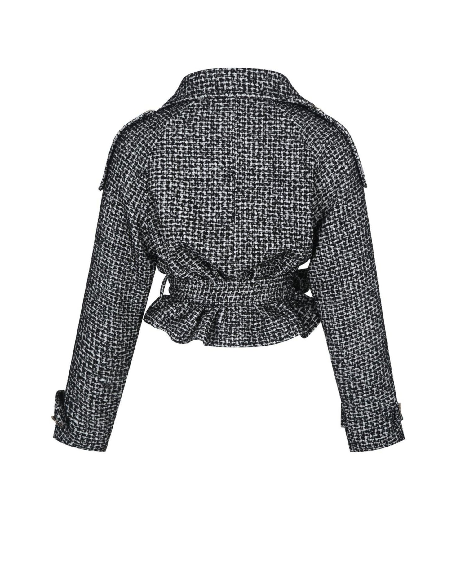 Women's Sadie Black and White Tweed High Collar Belted Mini Jacket