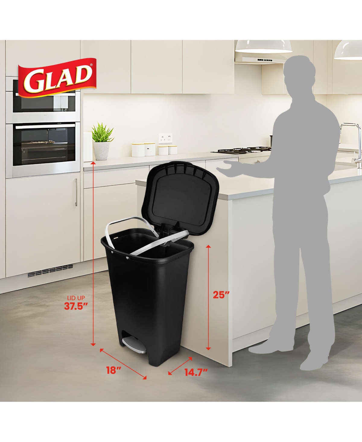 Glad Kitchen Trash Can with Lid, Foot Pedal and Garbage Bag Rings, 13 Gal