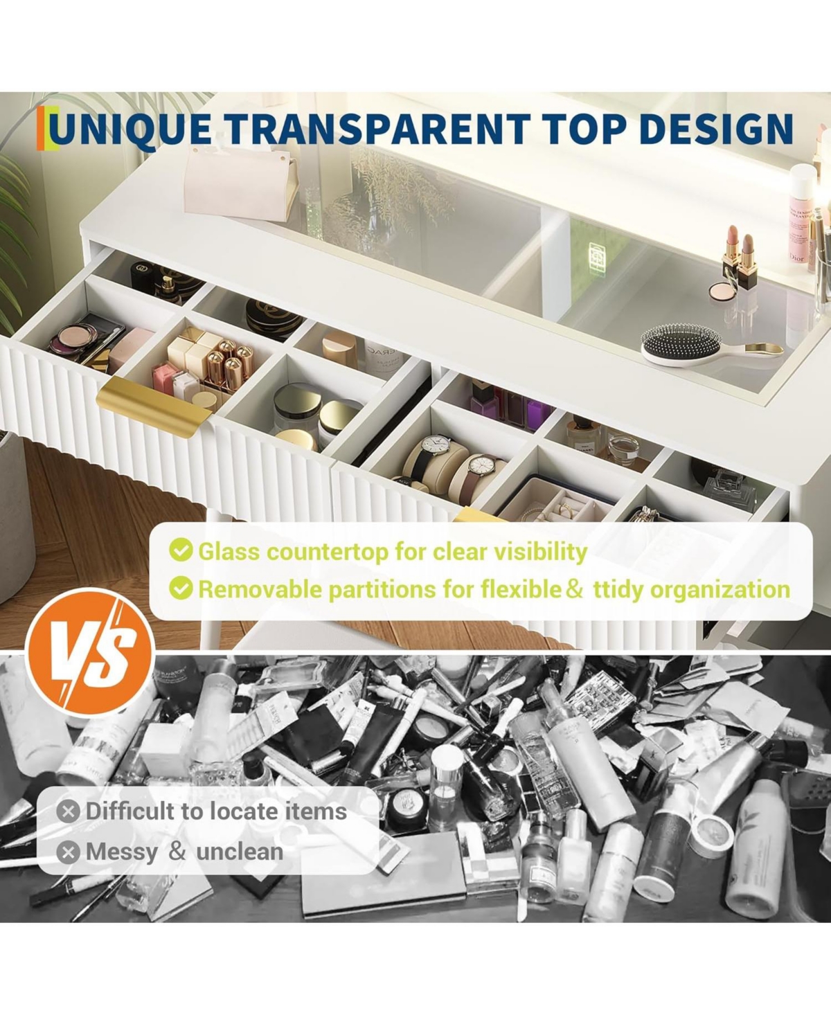 gaomon 48" Modern Vanity Desk with Glass Top, Led Mirror, 5 Drawers, 3 Shelves & Charging Station