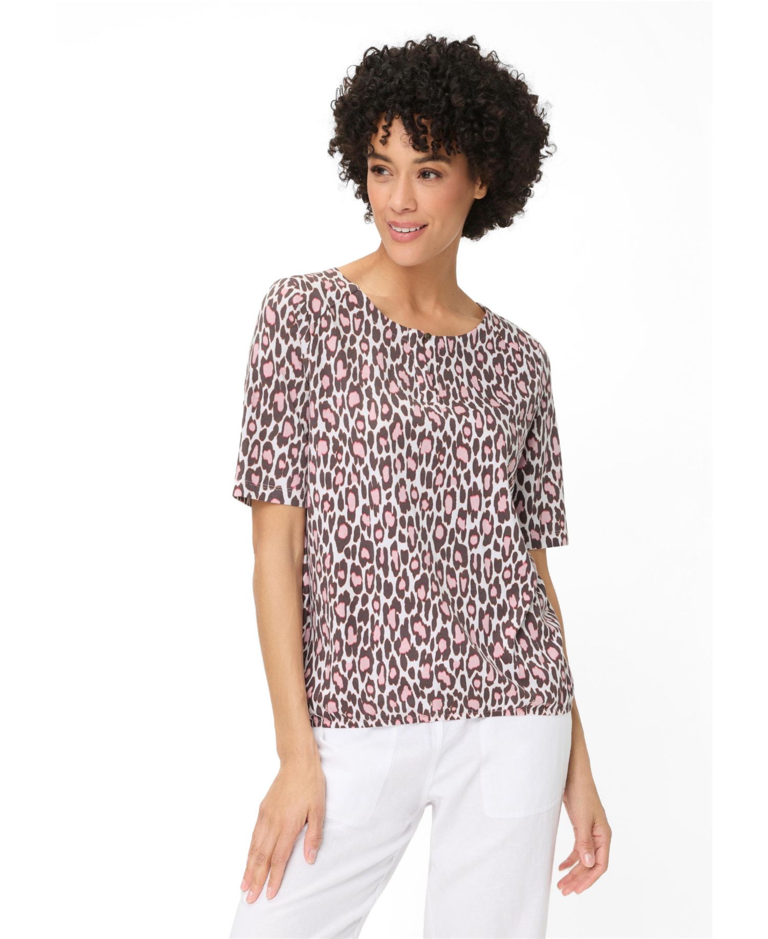 Women's Leopard Print Split Neck T-Shirt