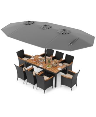 11 PCS Patio Wicker Dining Set with Double-Sided Outdoor Umbrella 8 Chairs