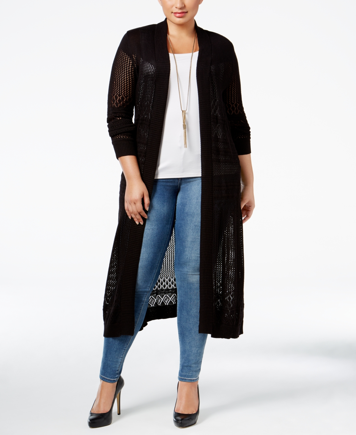 Plus Size Pointelle-stitch Duster Cardigan In Black
