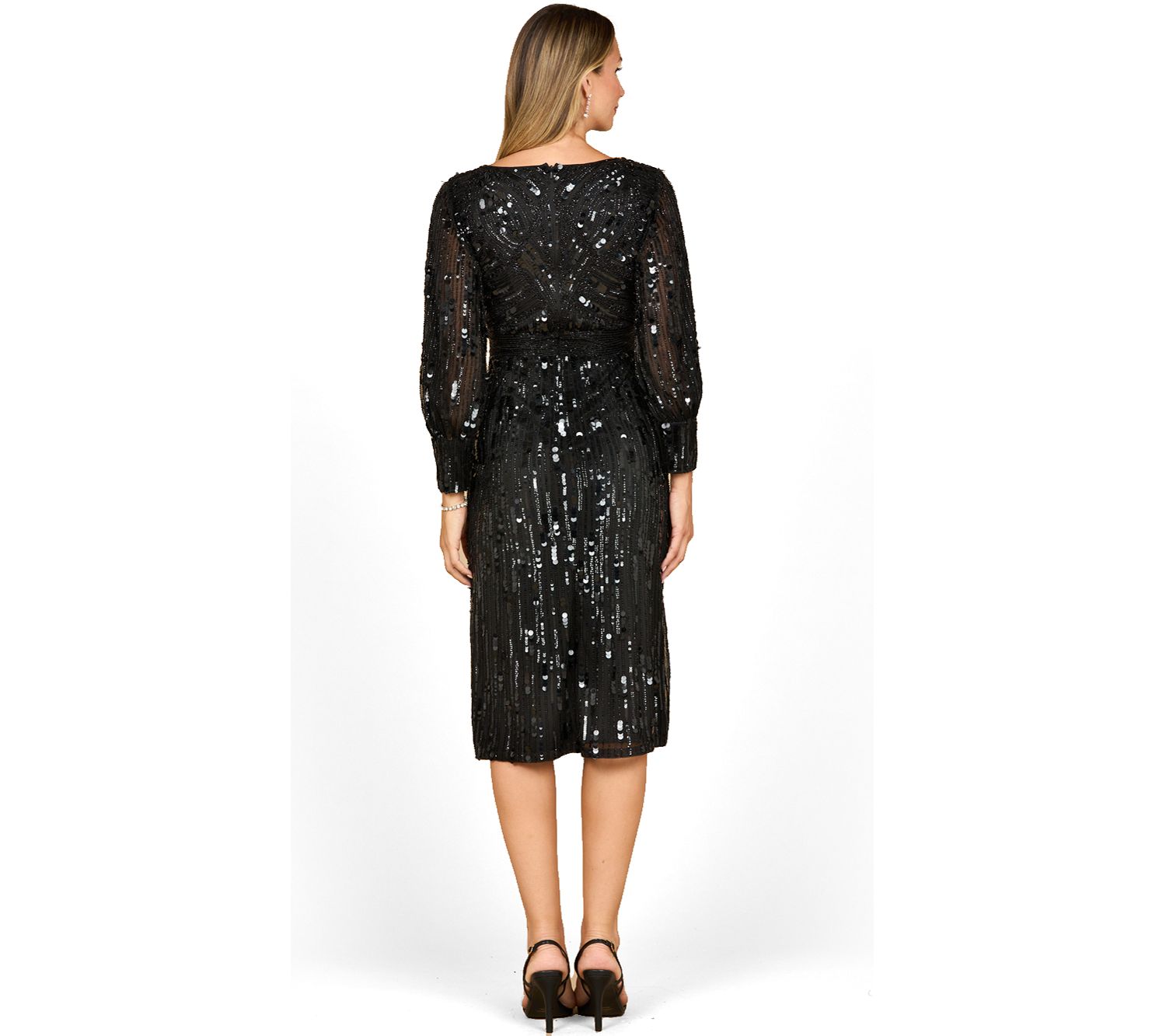 Women's Beaded A-line Midi Dress with Long Sleeves