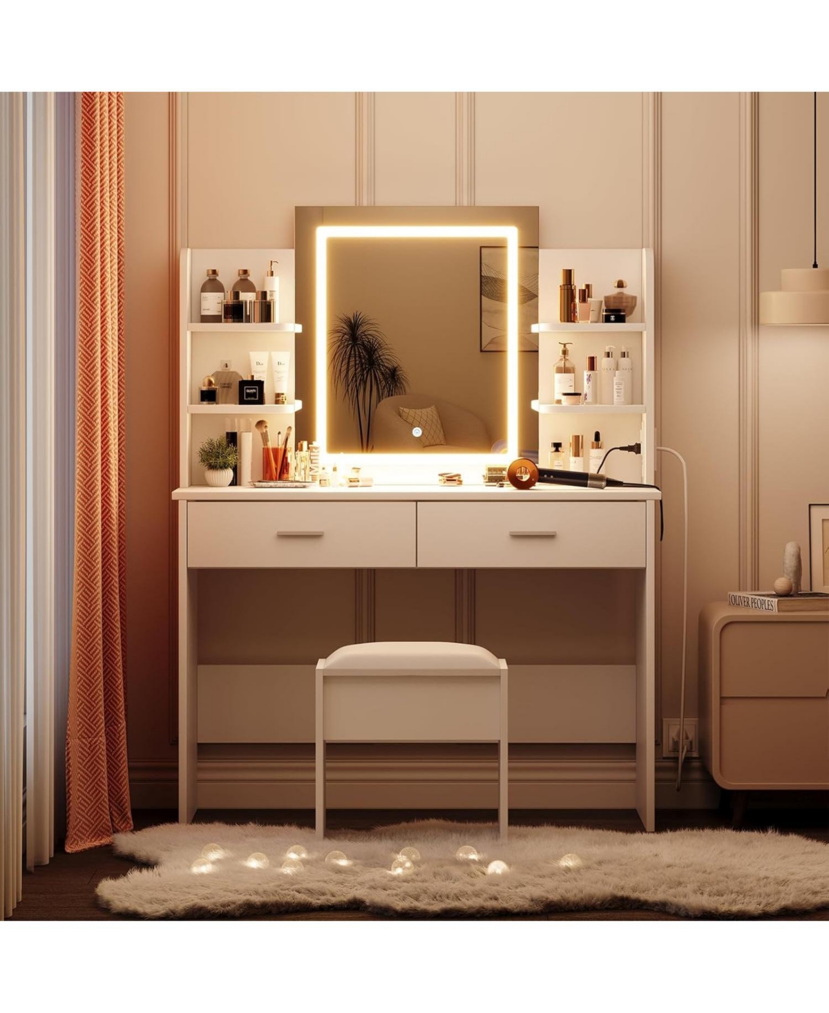 gaomon Makeup Vanity Desk with Led Mirror, 2 Drawers, Power Outlet & Cushioned Stool, 3 Light Modes