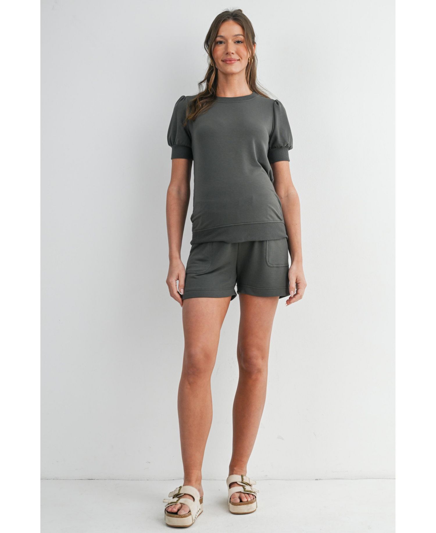 Maternity French Terry Lounge Set - Puff Sleeve Top and Shorts with Pockets