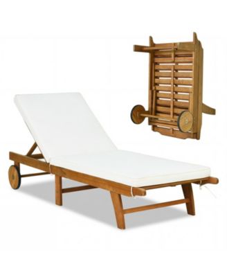 Patio Acacia Wood Lounge Chair Chaise Recliner Adjustable Backrest Cushion Wheel