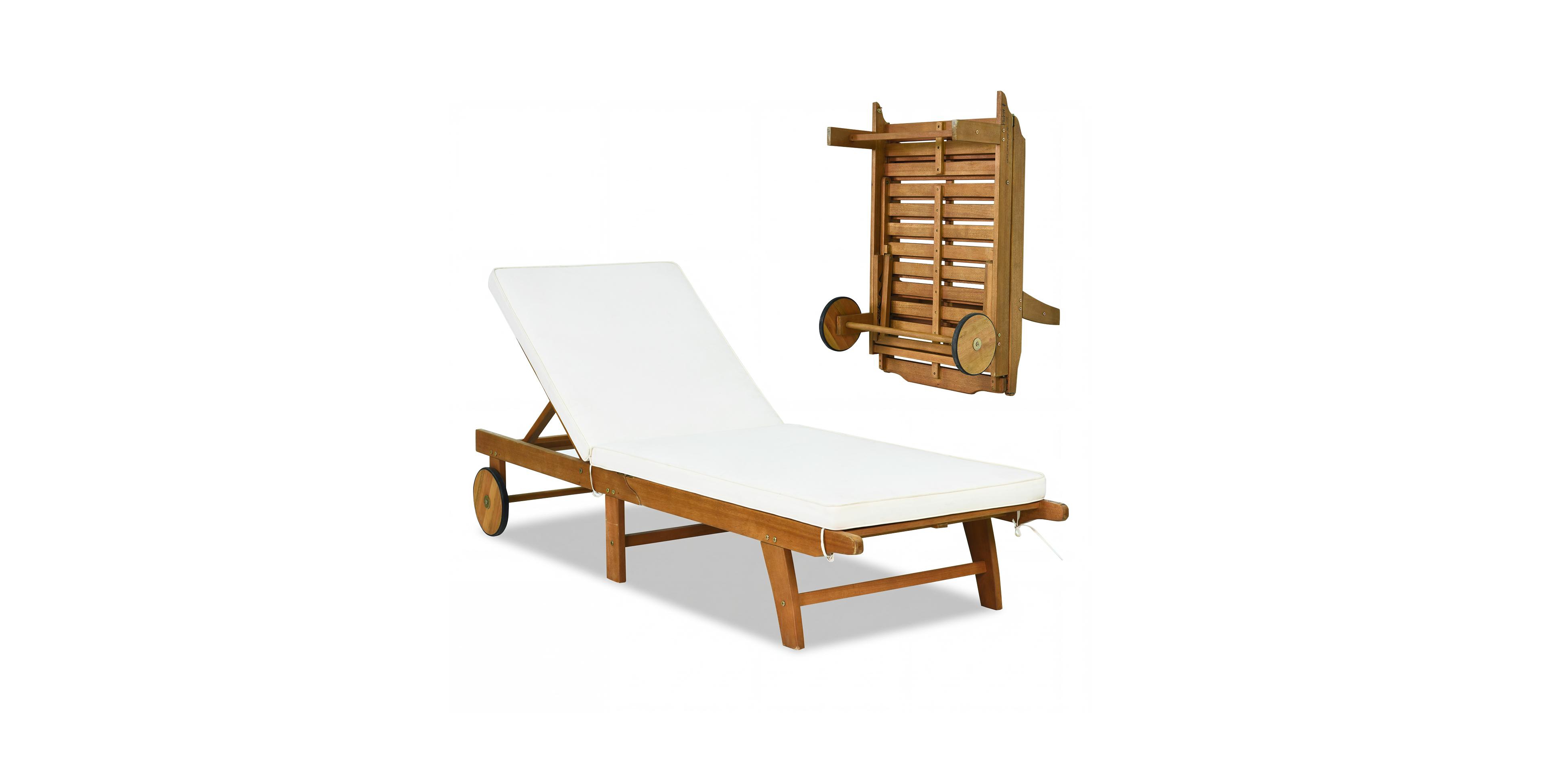 Costway Patio Acacia Wood Lounge Chair Chaise Recliner Adjustable Backrest Cushion Wheel