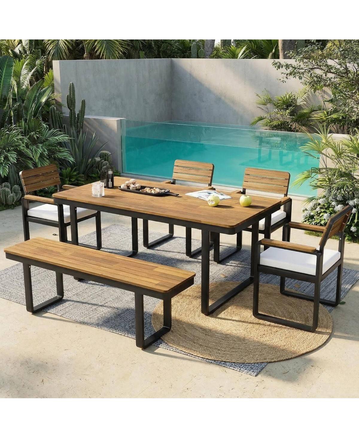 Asagikoiai 6-Piece Acacia Wood Outdoor Dining Set with Cushions and Bench, Patio Furniture for 6-Asagikoiai