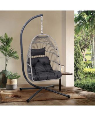 Foldable Hanging Egg Chair with Stand and Cushion, Outdoor Patio Wicker Swing Egg Chair, HDPE Rattan and Aluminum-Steel Frame