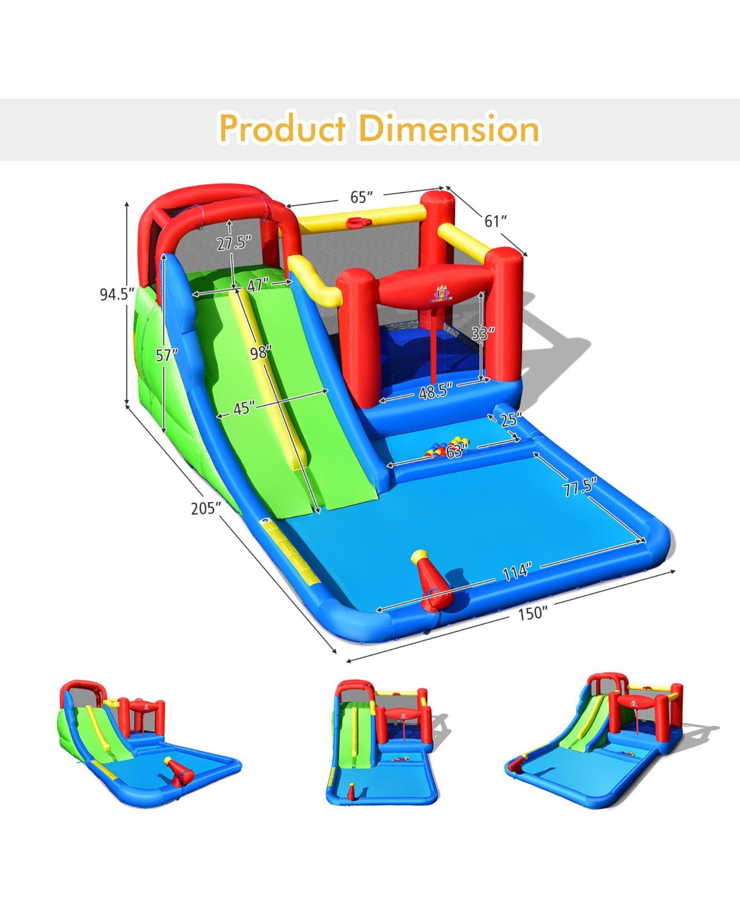 Детская игрушка Costway Inflatable Water Slide Bounce Castle, 205"L x 150"W x 94.5"H, Ages 3+, цвет: Синий — фото 11