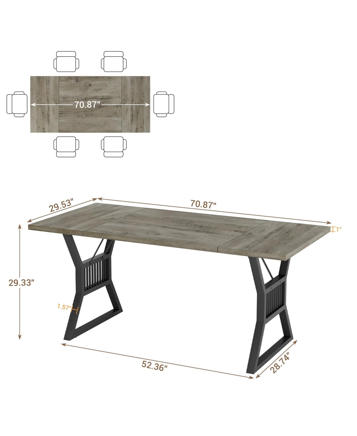 gaomon 70.8 Inch Dining Table 4-6 Person, Kitchen Dinner with Heavy Duty Metal Legs